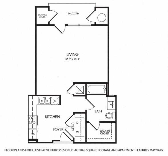 Floor plan for studio, 1 bath, 669 sqft